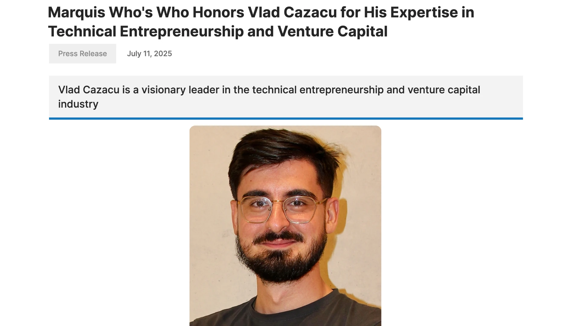 Marquis Who's Who Honors Vlad Cazacu for His Expertise in Technical Entrepreneurship and Venture Capital
